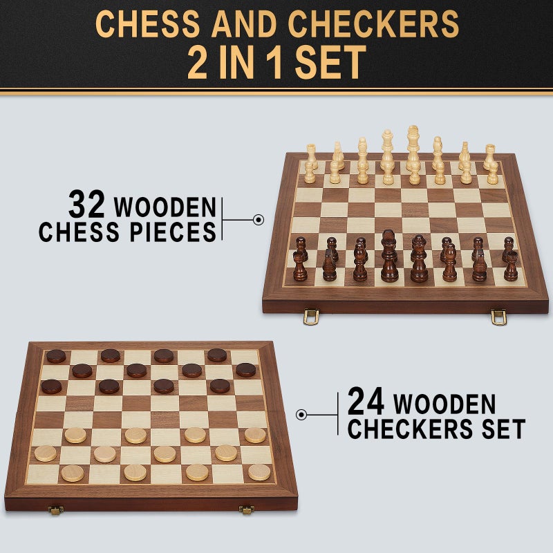 Bstoyder 2 in 1 Magnetic Wooden Chess and Checkers Board Game Set 15 Folding Chess Boards with 2 Extra Queens Portable Travel Chess Sets with Pieces Storage Slots Beginner Chess Game Set for Kids Adults - Image 3