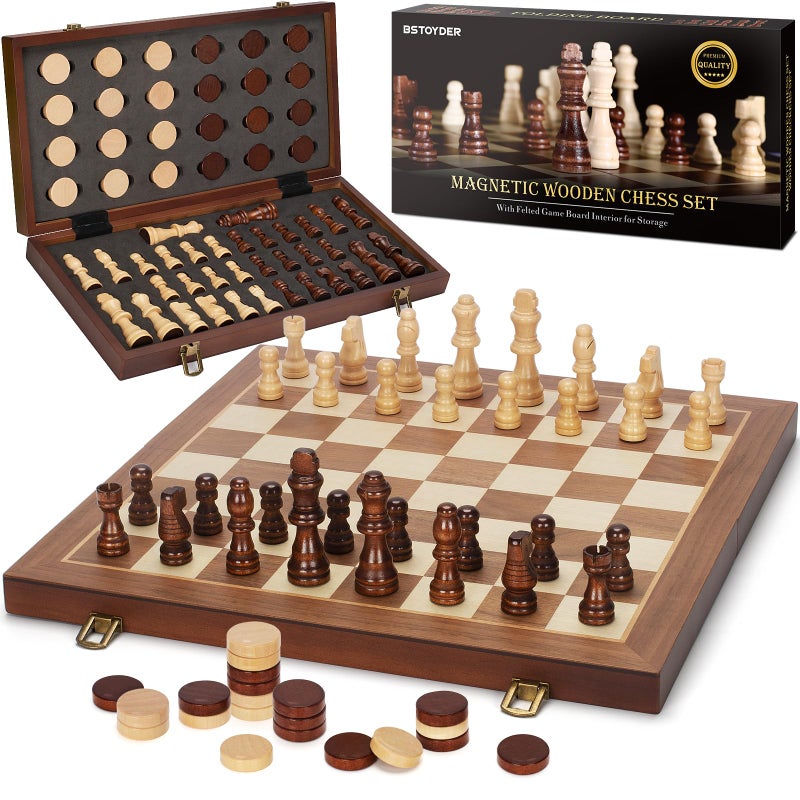 Bstoyder 2 in 1 Magnetic Wooden Chess and Checkers Board Game Set 15 Folding Chess Boards with 2 Extra Queens Portable Travel Chess Sets with Pieces Storage Slots Beginner Chess Game Set for Kids Adults - Image 2