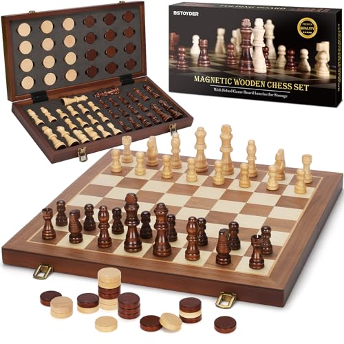 Bstoyder 2 in 1 Magnetic Wooden Chess and Checkers Board Game Set 15 Folding Chess Boards with 2 Extra Queens Portable Travel Chess Sets with Pieces Storage Slots Beginner Chess Game Set for Kids Adults - Image 1