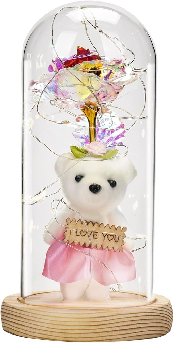 JRS TRADERS Beauty and The Beast Enchanted Galaxy Rose Flower Mom Gift Light Up Infinity Forever Eternal Crystal Rose in Glass Dome Dose of Led Preserved Valintine Day Artificial Flowers with Stems - Image 1