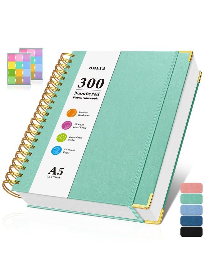 OMEYA Spiral Notebook, 300 Numbered Pages Notebooks College Ruled with Contens, 100GSM Thick Journal for Women Men, Hardcover Leather Lined Journal for Writing, Large A5 Journaling Notebooks for Work School - Image 1