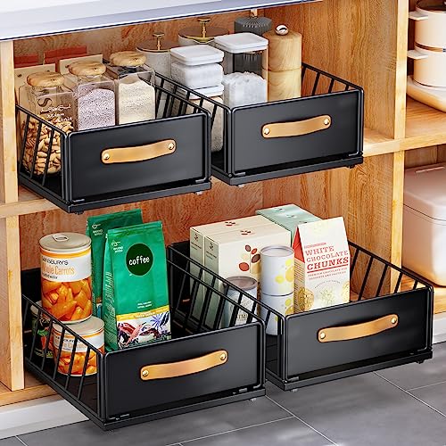 Kitstorack Pull out Cabinet Organizer,Heavy Duty Slide out Pantry Shelves Drawer Storage with Adhesive Nano Film,Sliding Mesh Cabinet Basket with Handle for Kitchen, Bathroom, Home, 9.8"W X 15.7"D X 6.2"H,Black - Image 1