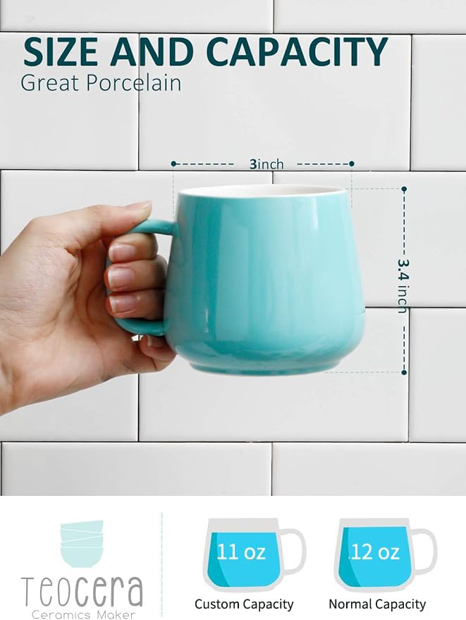 Teocera Ceramic Coffee Mug Set of 4-12 oz Coffee Mugs with Large Handles for Hot or Cold Drinks Like Latte, Cocoa, Tea or Juice - Smooth Ceramic, Dishwasher Safe, Turquoise - Image 2