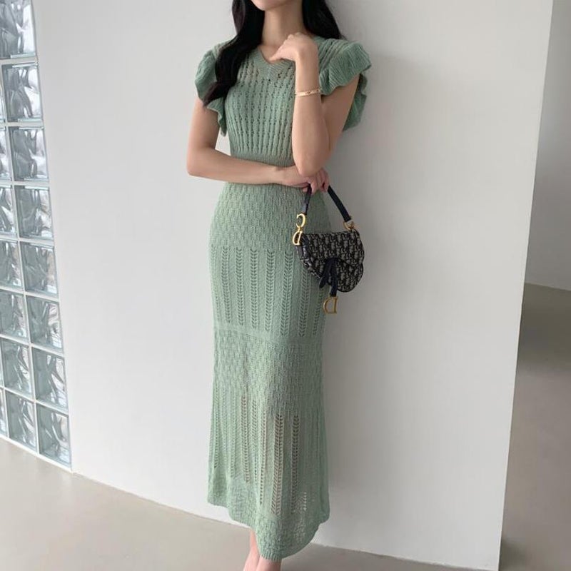 Womens Kimono Dress 2-Piece Set Pullover European And Korean Style Wide Leaf Sleeves Elegant Fashionable Outfit Green  - Image 1