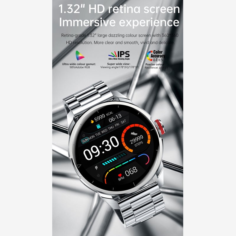 Smart Watch: 1.32" Retina-grade Screen Silver Metal Body - Low Power Chip Long Battery Life Fitness Health Watch for Business Professionals Fitness Enthusiasts - Image 3