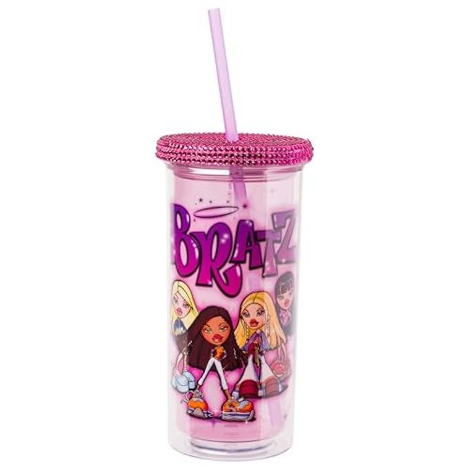 Silver Buffalo Bratz Featuring Cloe, Yasmin, Jade, and Sasha Plastic Tall Cold Cup with Rhinestones Lid and Straw, 20 Ounces - Image 1