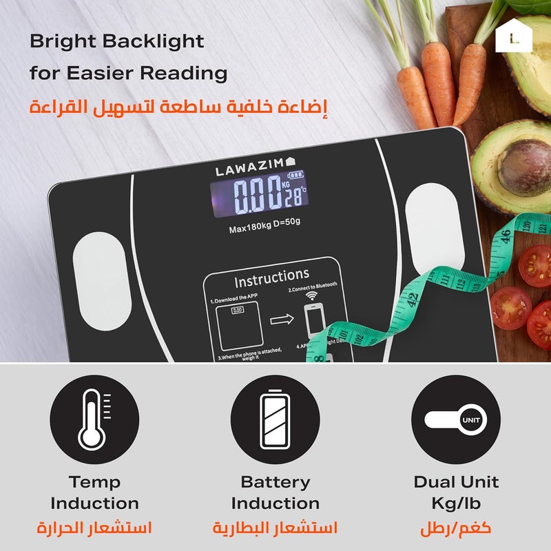 Lawazim Smart Body Scale - Digital Bluetooth Weighing Scale with LCD Display , 180kg Capacity , Body Fat and BMI Tracking - Image 4