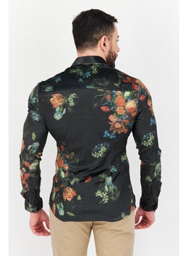 Asos Design Men Skinny Fit Floral Print Long Sleeves Casual Shirt, Black/Green Combo  - Image 3