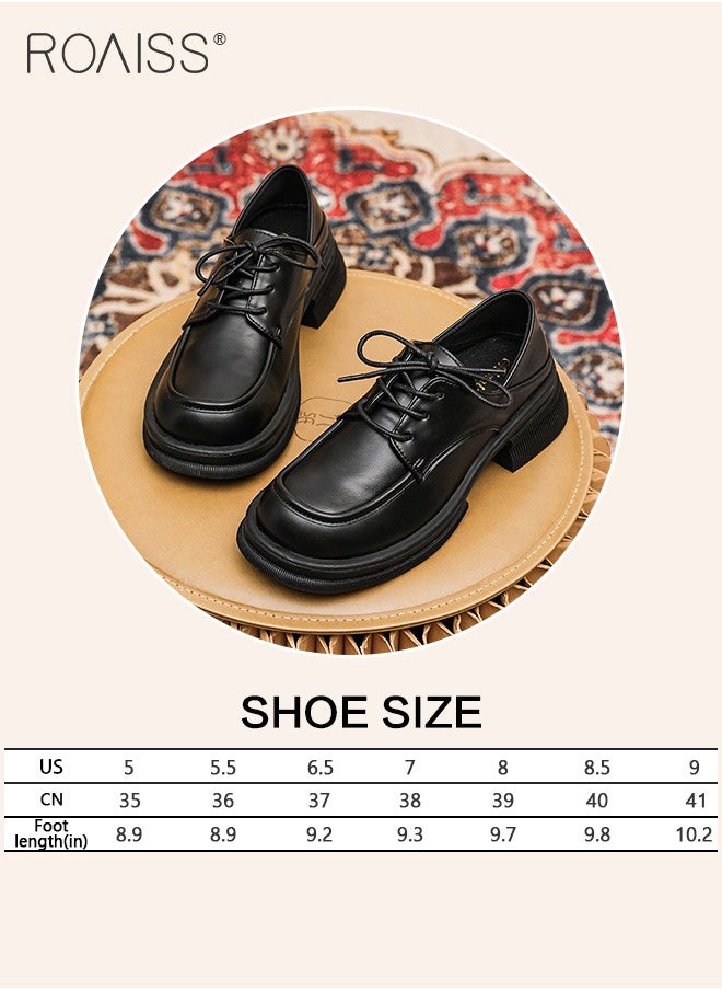 roaiss - Fashionable Pu Leather Loafers For Women'S Daily Commuting Versatile Thick Soles Adjustable Drawstring Buckles College Style Pumps - Image 1