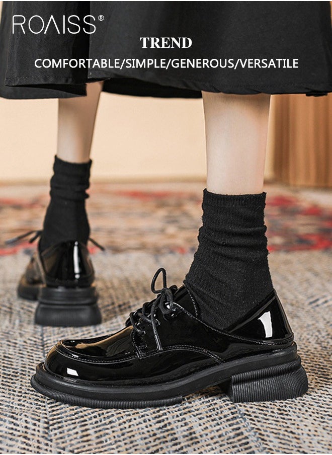 roaiss - Fashionable Pu Leather Loafers For Women'S Daily Commuting Versatile Thick Soles Adjustable Drawstring Buckles College Style Pumps - Image 1