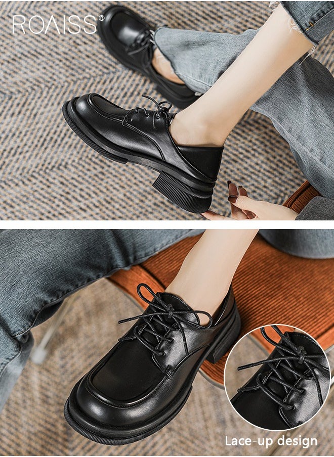 roaiss - Fashionable Pu Leather Loafers For Women'S Daily Commuting Versatile Thick Soles Adjustable Drawstring Buckles College Style Pumps - Image 1