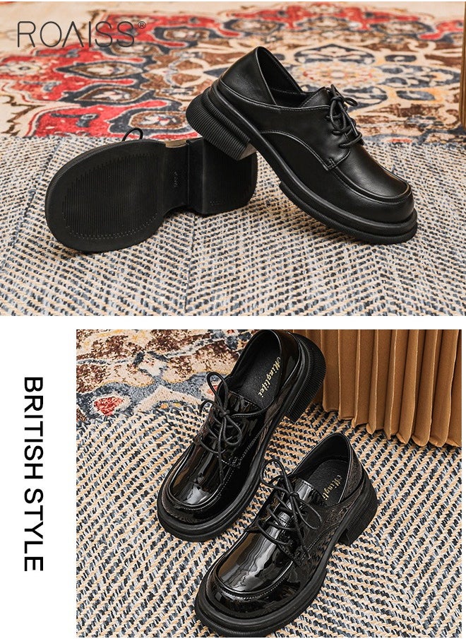 roaiss - Fashionable Pu Leather Loafers For Women'S Daily Commuting Versatile Thick Soles Adjustable Drawstring Buckles College Style Pumps - Image 1