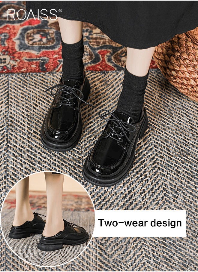 roaiss - Fashionable Pu Leather Loafers For Women'S Daily Commuting Versatile Thick Soles Adjustable Drawstring Buckles College Style Pumps - Image 1
