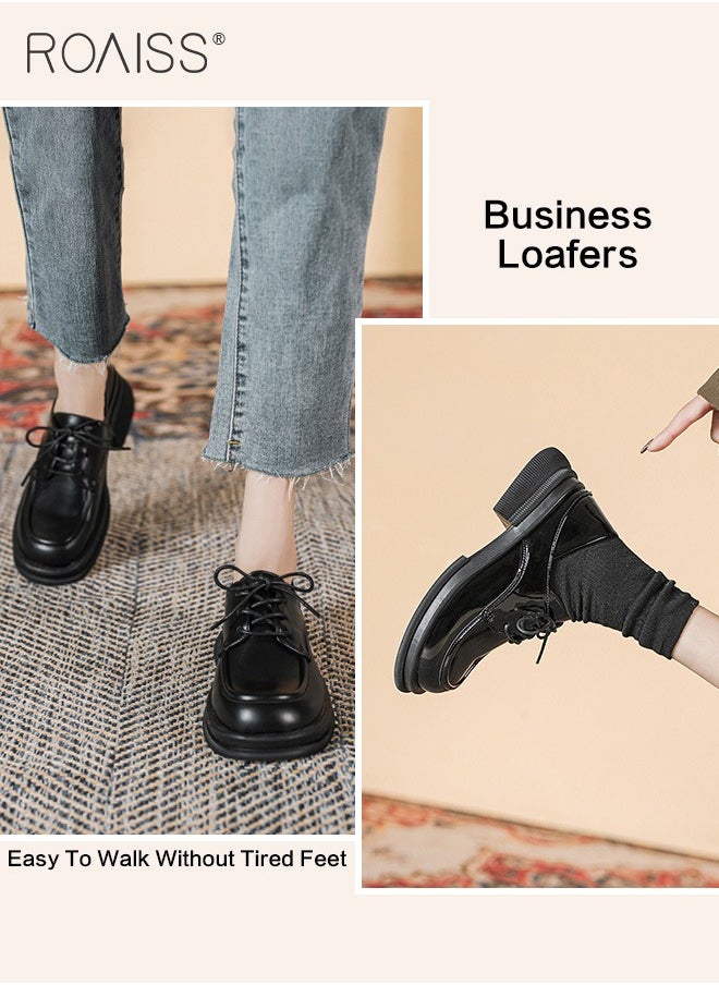 roaiss - Fashionable Pu Leather Loafers For Women'S Daily Commuting Versatile Thick Soles Adjustable Drawstring Buckles College Style Pumps - Image 1