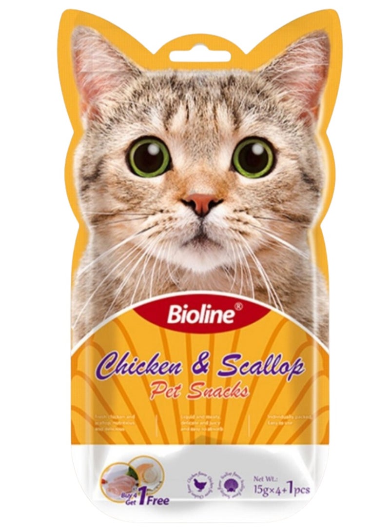 Bioline Wet Cat Treat With Chicken And Scallop Flavor For Adult And Kitten Cats, 4x15g, With Taurine And Multivitamins.