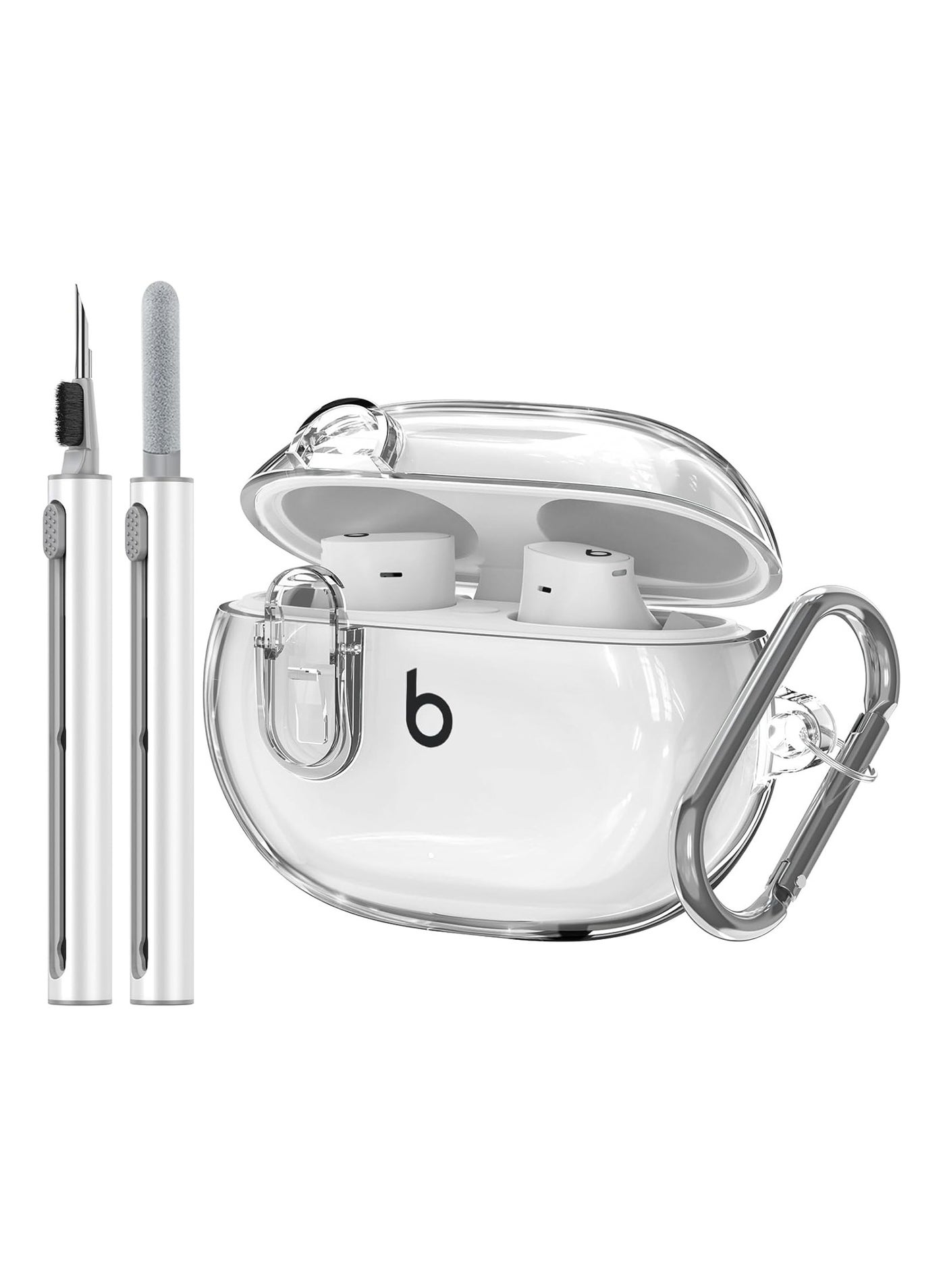 QIRG Compatible with Beats Studio Buds/Studio Buds Plus Case Cover Clear 2021/2023 Men Lock Clip with Cleaner Kit, Protective Cover for New Beats Studio Buds + Wireless Earbuds Case with Keychain, Cle