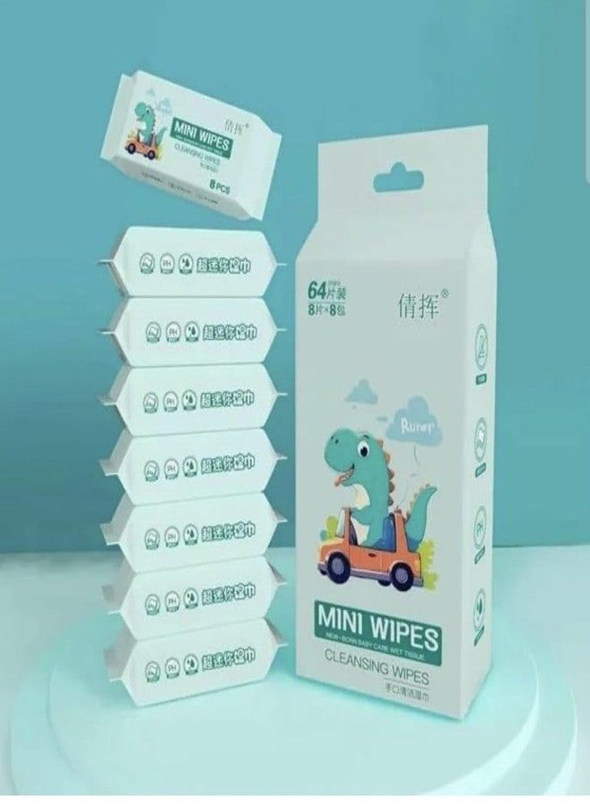 Richtots Premium Mini Baby Wipes Disposable Portable Pocket Water Wipes Baby Skin Care Wet Tissue Travel Children Baby Hand & Face Baby Sanitizing Cleansing/Moisturising For Fresh 8 Mini Pack (64 Wipes X 2 Pack) Random Cute Animals - Image 1