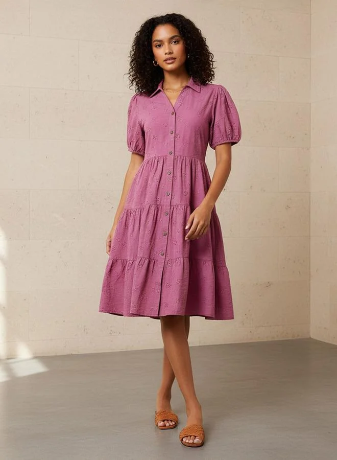 Splash FAV Schiffli Textured Tiered Women Dress with Collar