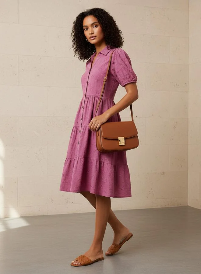 Splash FAV Schiffli Textured Tiered Women Dress with Collar