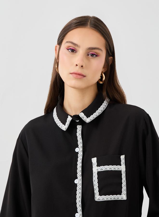 Take Two Take Two Solid Lace Trim Long Sleeve Oversized Shirt  - Image 3