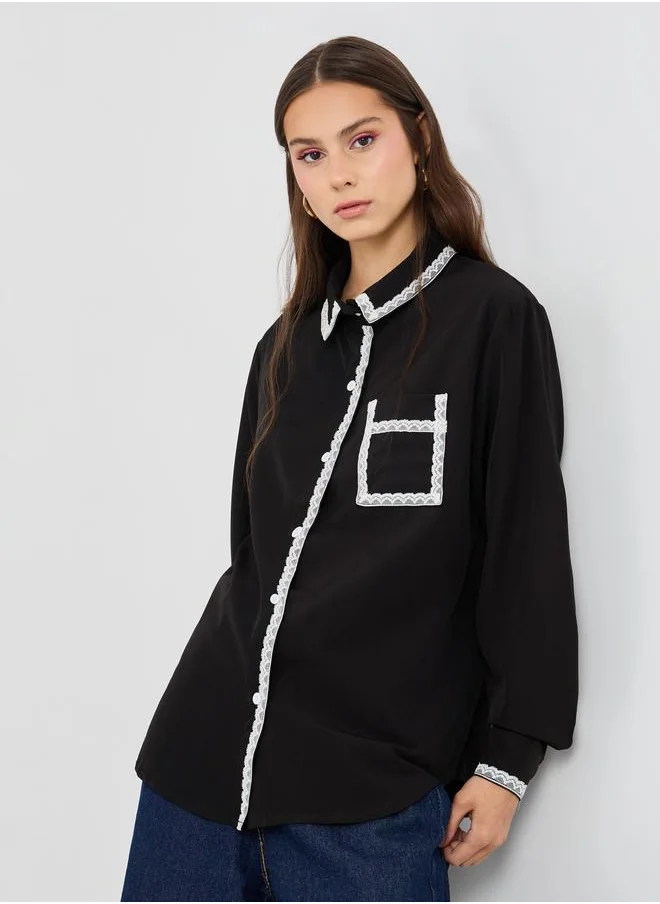 تايك تو Take Two Solid Lace Trim Long Sleeve Oversized Shirt