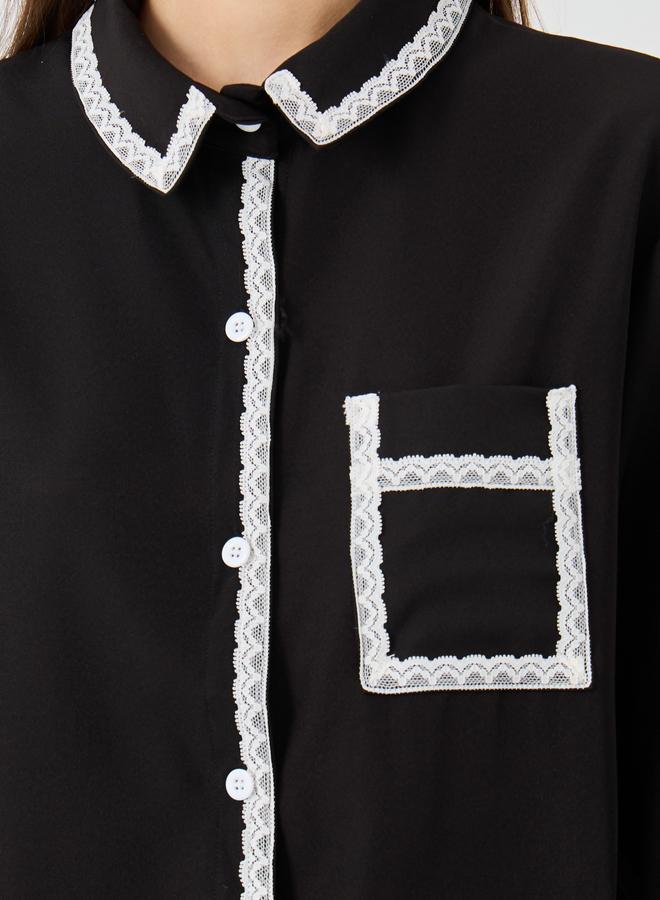 Take Two Take Two Solid Lace Trim Long Sleeve Oversized Shirt  - Image 4
