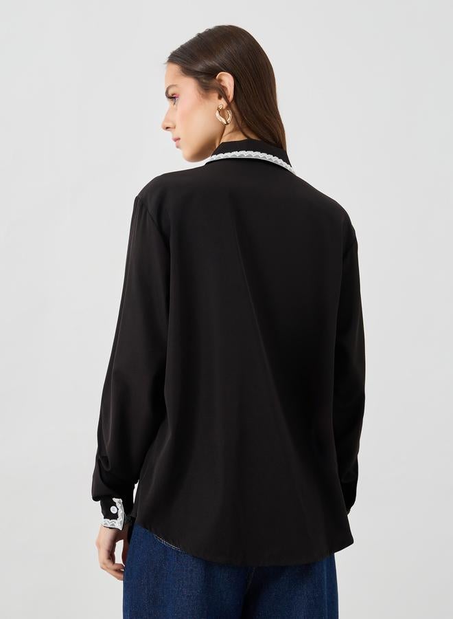 Take Two Take Two Solid Lace Trim Long Sleeve Oversized Shirt  - Image 5