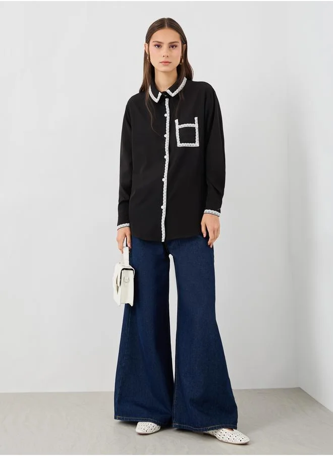 تايك تو Take Two Solid Lace Trim Long Sleeve Oversized Shirt