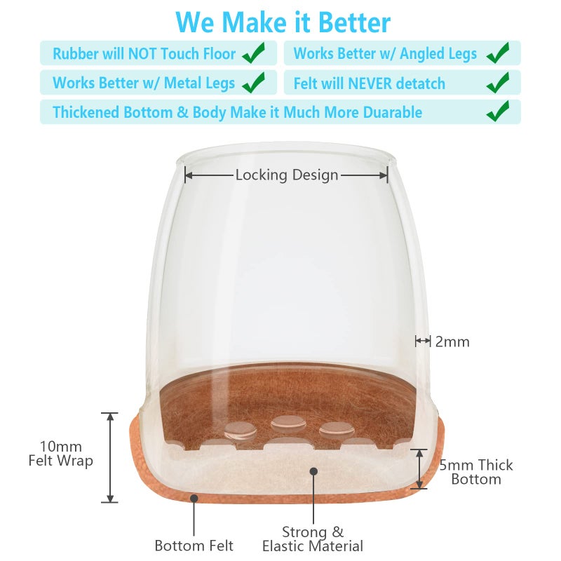 Yarehand 16 Pack Chair Leg Floor Protectors for Hardwood Floors, Round Rubber Furniture Sliders, 360Â°Felt Pad Bottom Wrapped Thickening Silicone Furniture Legs Caps Covers(Round,Clear-Brown-S) - Image 4
