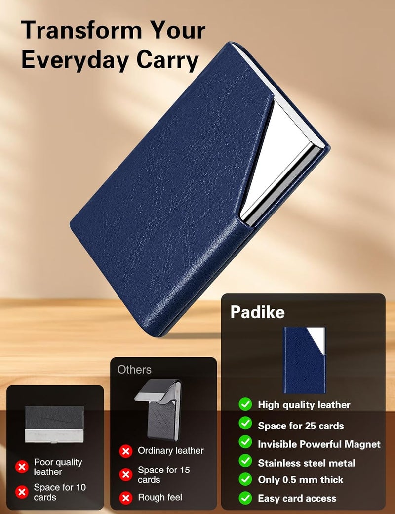 Padike Business Card Holder, Leather Business Card Case Pocket Card Holders for Men or Women, Metal Slim Name Card Holder RFID Blocking Business Card Carrier with Magnetic Closure(Z-Navy Blue) - Image 2