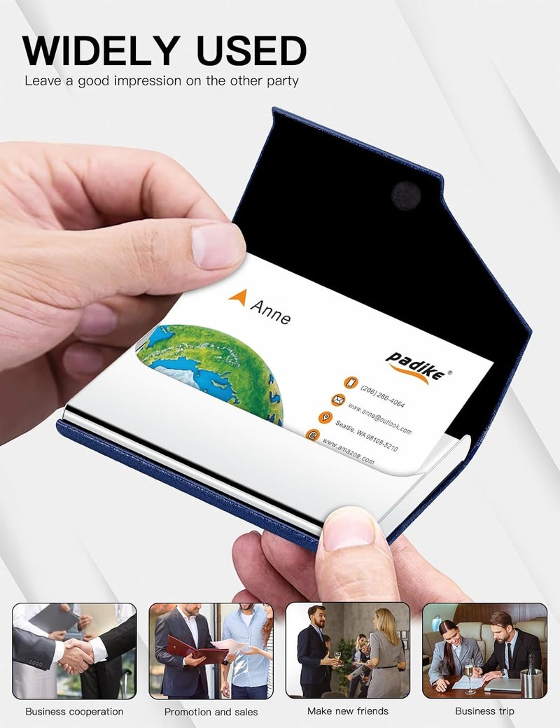 Padike Business Card Holder, Leather Business Card Case Pocket Card Holders for Men or Women, Metal Slim Name Card Holder RFID Blocking Business Card Carrier with Magnetic Closure(Z-Navy Blue) - Image 5