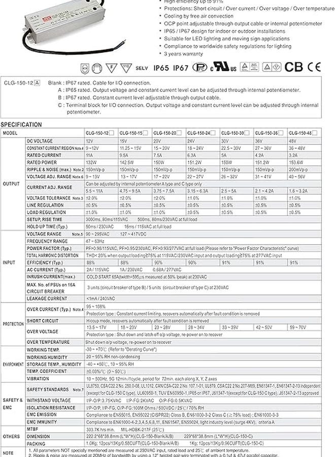Mean Well CLG 150 12V 11A 132W Single Output LED Driver Power Supply with PFC - Image 3