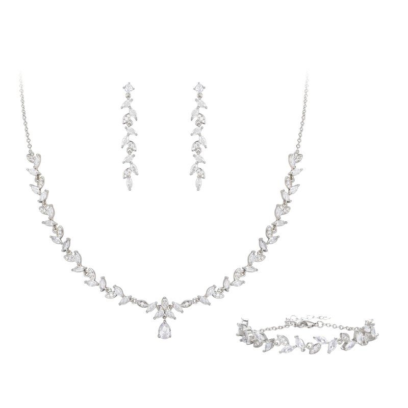 BriLove Wedding Bridal Jewelry for Women Cubic Zirconia Marquise Teardrop Leaf Cluster Y-Necklace Dangle Earrings Link Bracelet Set Clear Silver-Tone - Image 1