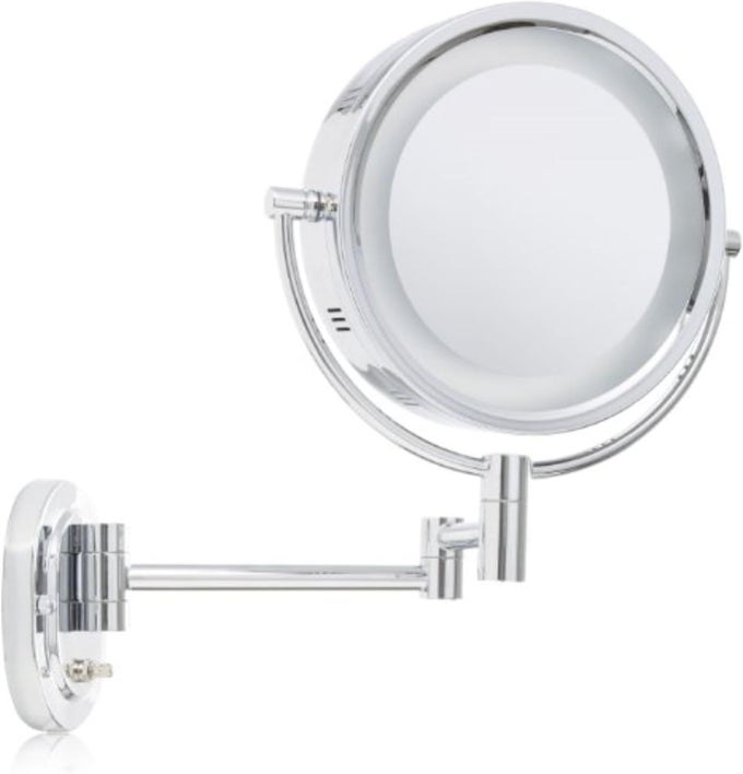 TWO-SIDED WALL-MOUNTED MAKEUP MIRROR WITH HALO LIGHTING - LIGHTED MAKEUP MIRROR WITH 5X MAGNIFICATION & WALL-MOUNT ARM - PLUG IN ROUND MIRROR WITH CHROME FINISH WALL MOUNT - MODEL HL65C