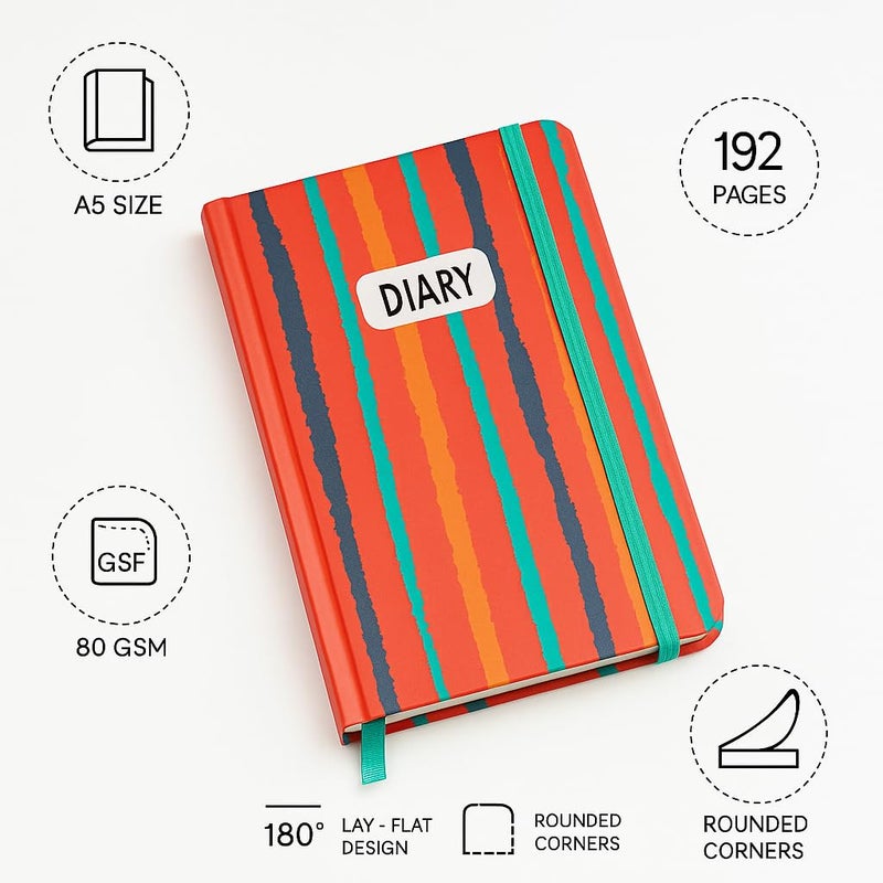 COI A5 Trendy Striped Hardcover Diary 5.5×8.5″ – 192-Page Unruled Journal, 80 GSM Cream Paper, Dual Ribbon Bookmarks, Elastic Closure & Rounded Corners - Image 4
