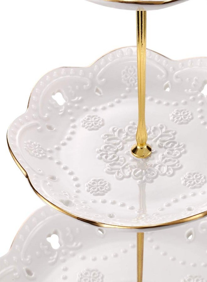 BonNoces 3-Tier Porcelain Embossed Cupcake Stand - Pure White Rimmed with Gold Dessert Cake Stand - Pastry Serving Tray Platter for Tea Party, Wedding and Birthday - Image 4