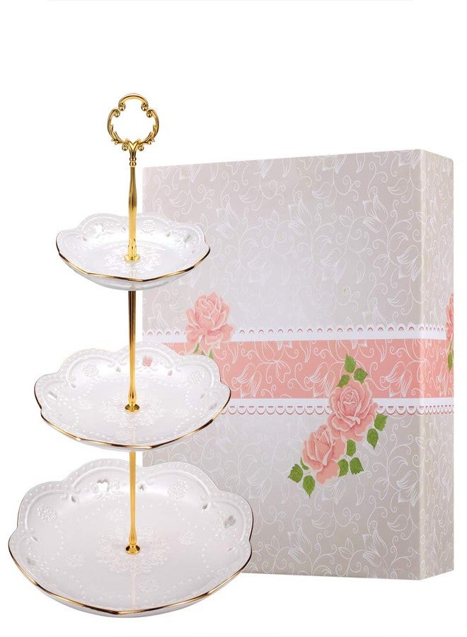 BonNoces 3-Tier Porcelain Embossed Cupcake Stand - Pure White Rimmed with Gold Dessert Cake Stand - Pastry Serving Tray Platter for Tea Party, Wedding and Birthday - Image 1