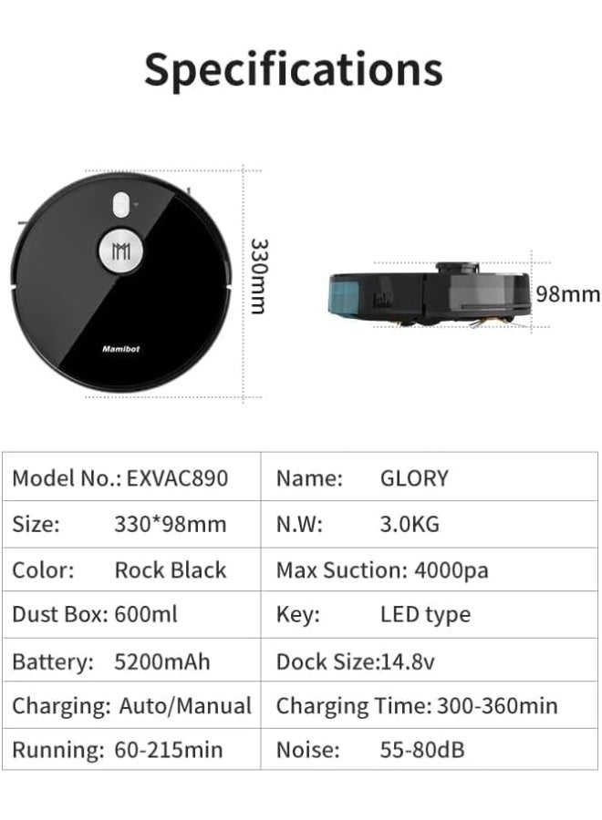 Mamibot EXVAC890 Glory 4th Generation LDS Slam Robot Vacuum Cleaner with Self-emptying Dust Box and Dust Collector with Max 4000pa Vacuuming Power - Image 2