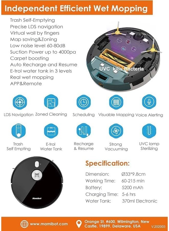 Mamibot EXVAC890 Glory 4th Generation LDS Slam Robot Vacuum Cleaner with Self-emptying Dust Box and Dust Collector with Max 4000pa Vacuuming Power - Image 4