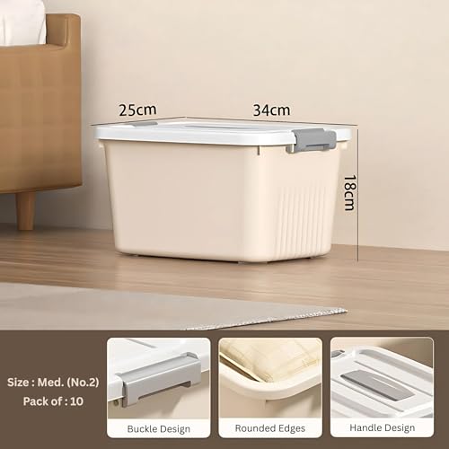 KREPS® Plastic Storage Box/Bins, Color : Cream, Container with Lock and Lid, Stackable, Heavy Duty Material, Available in Multiple Size and Sets. (Pack of : 10, MEDIUM: 12 X 8.5 X 7 INCH) - Image 2