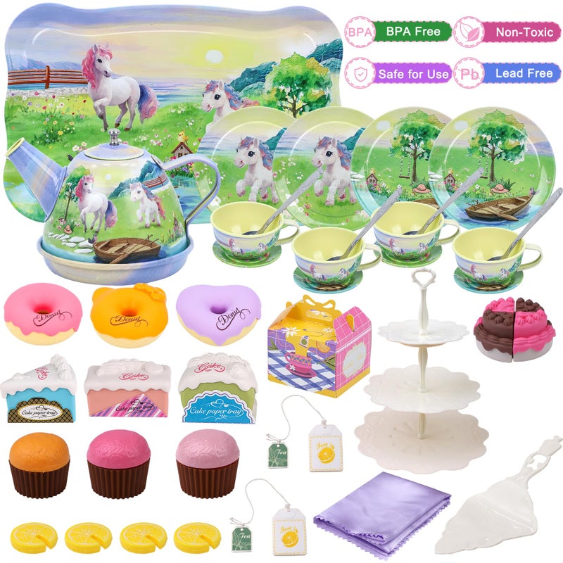 PRE-WORLD Tea Party Set for Little Girls,50PCS Princess Horse Tea Time Toy Including Food Sweet Treats Playsets,Teapot Tray Cake,Tablecloth & Carrying Case,Kids Kitchen Pretend Play for Girls Boys Age 3 4 5 6 - Image 3