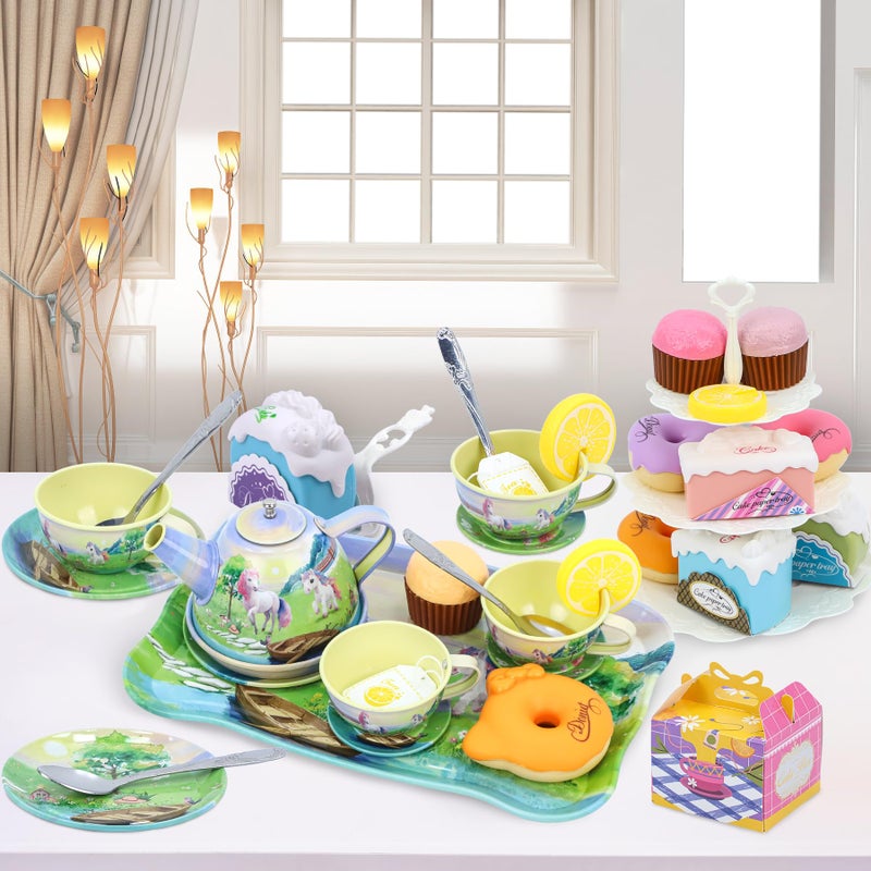 PRE-WORLD Tea Party Set for Little Girls,50PCS Princess Horse Tea Time Toy Including Food Sweet Treats Playsets,Teapot Tray Cake,Tablecloth & Carrying Case,Kids Kitchen Pretend Play for Girls Boys Age 3 4 5 6 - Image 2