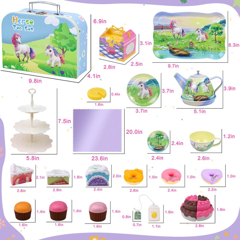 PRE-WORLD Tea Party Set for Little Girls,50PCS Princess Horse Tea Time Toy Including Food Sweet Treats Playsets,Teapot Tray Cake,Tablecloth & Carrying Case,Kids Kitchen Pretend Play for Girls Boys Age 3 4 5 6 - Image 5