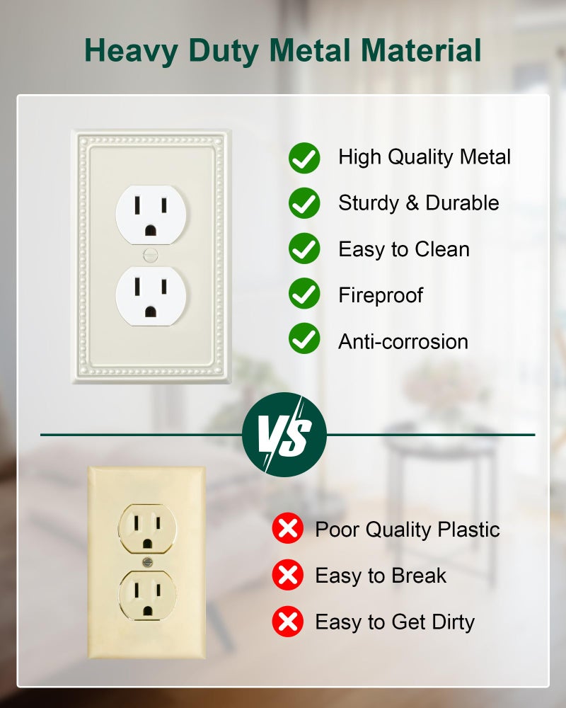 TREEWELL 4-Pack Duplex Outlet Cover Plate, Light Almond Metal Wall Plates for Electrical Outlets, 1 Gang Receptacle Light Switch Cover, Pearls Decorative Switch Plates and Outlet Covers - Image 4