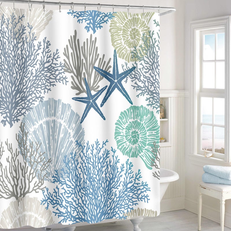 MAYZUS Nautical Coastal Shower Curtain, Beach Ocean Theme Shower Curtain for Bathroom Decor, Summer Tropical Seashell Starfish Coral Fabric Shower Curtain Set with Hooks, Blue, 72x72 - Image 2