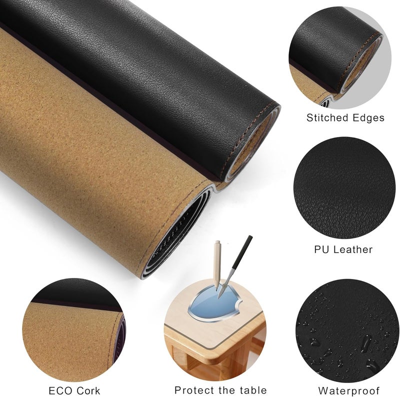 MAIDERN مايدرن حصيرة طاولة طعام مع فلين وجلد 200 × 40 سم، بطانية حصيرة مكتب مزدوجة الجوانب، حصيرة ماوس كبيرة XXL ورق حائط مكتب مقاوم للماء، حصيرة طاولة للمكتب ��المنزل (أسود) - Image 3