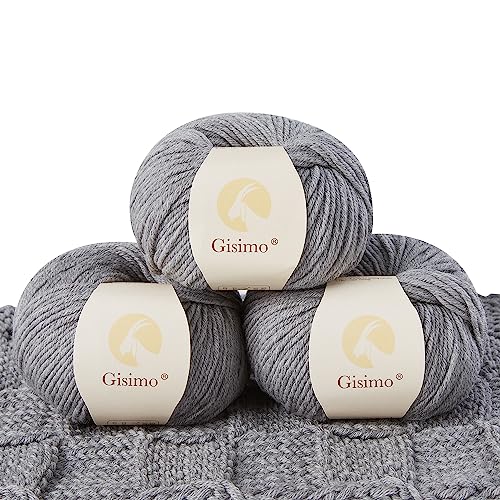 GISIMO 100% Merino Wool Yarn, 6-Ply Luxurious and Soft Yarn for Hand Knitting & Crocheting, 1.76 OZ/50g, 127 yds/116 Meters (Gray, 3 Balls) - Image 1