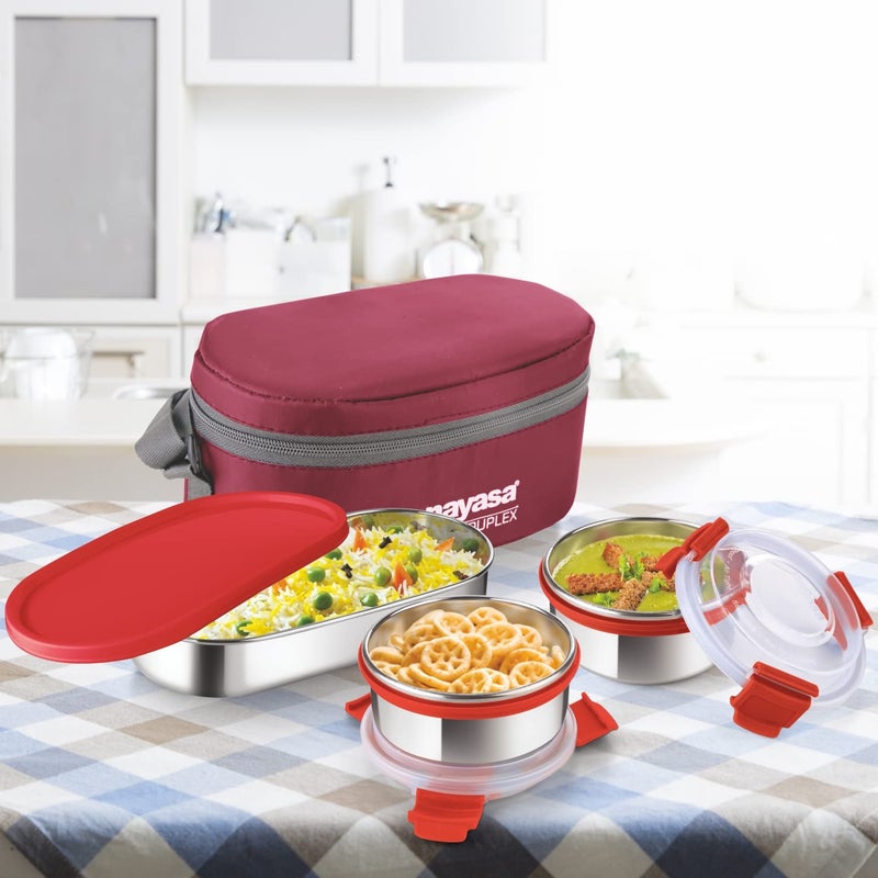 NAYASA Nayasa Aqua Duplex Lunch Box-300 ML with 2 Round Containers and 1 Oval Container Comes with Ziper Pouch, Airtight & Leak Proof Lid, Ideal for School/College/Office, Red  - Image 4