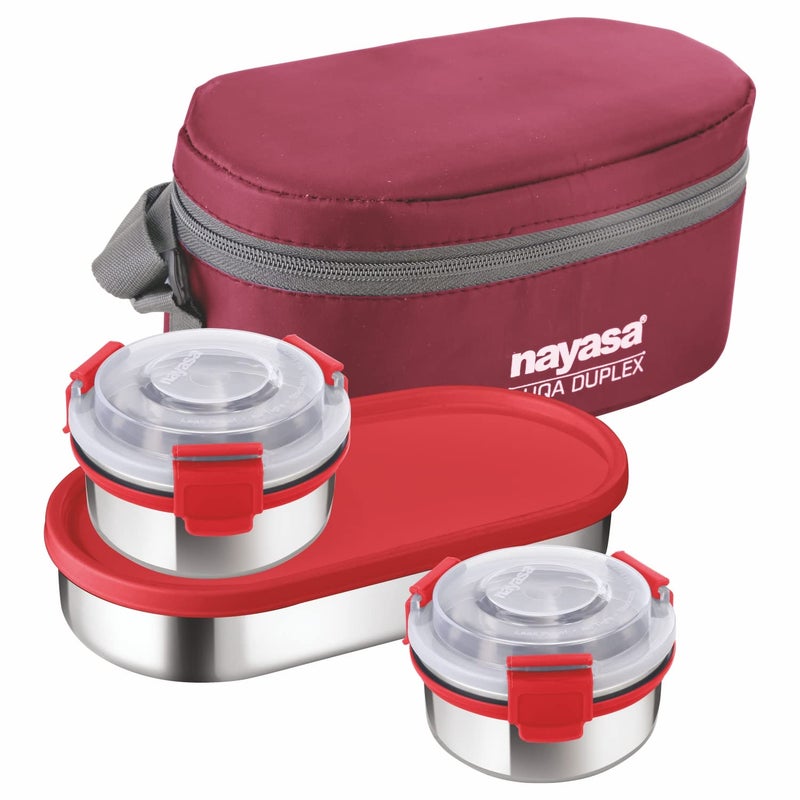 NAYASA Nayasa Aqua Duplex Lunch Box-300 ML with 2 Round Containers and 1 Oval Container Comes with Ziper Pouch, Airtight & Leak Proof Lid, Ideal for School/College/Office, Red  - Image 1