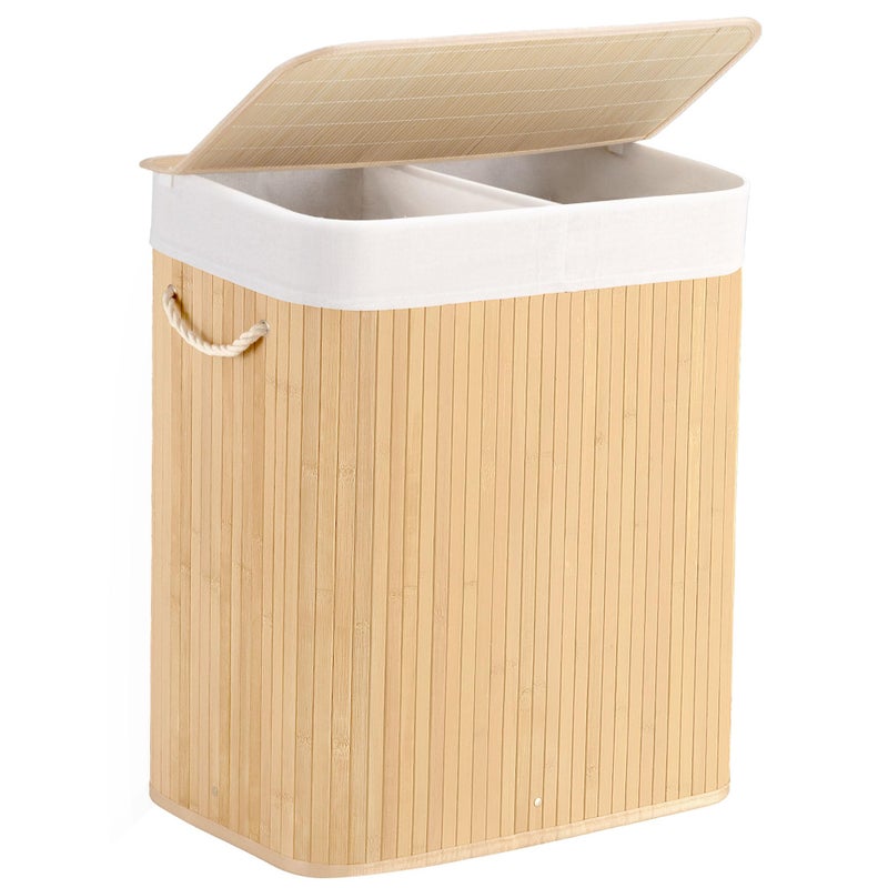 Aliphon 100L Laundry Hamper with lid, 2-Section Clothes Laundry Basket with Handles, Large Collapsible Bamboo Baskets for Bedroom, Bathroom, Dorm, Natural Beige - Image 1